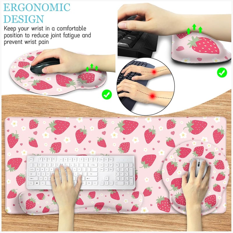 LIMKRIAN Strawberry Mouse Pad Desk Mat Set, Pink Ergonomic Mouse Pad with Wrist Rest, Large Gaming Mousepad Wrist Support Keyboard Mat Cup Coaster Set, Cute Office Desk Decor Accessories Supplies - Image 4